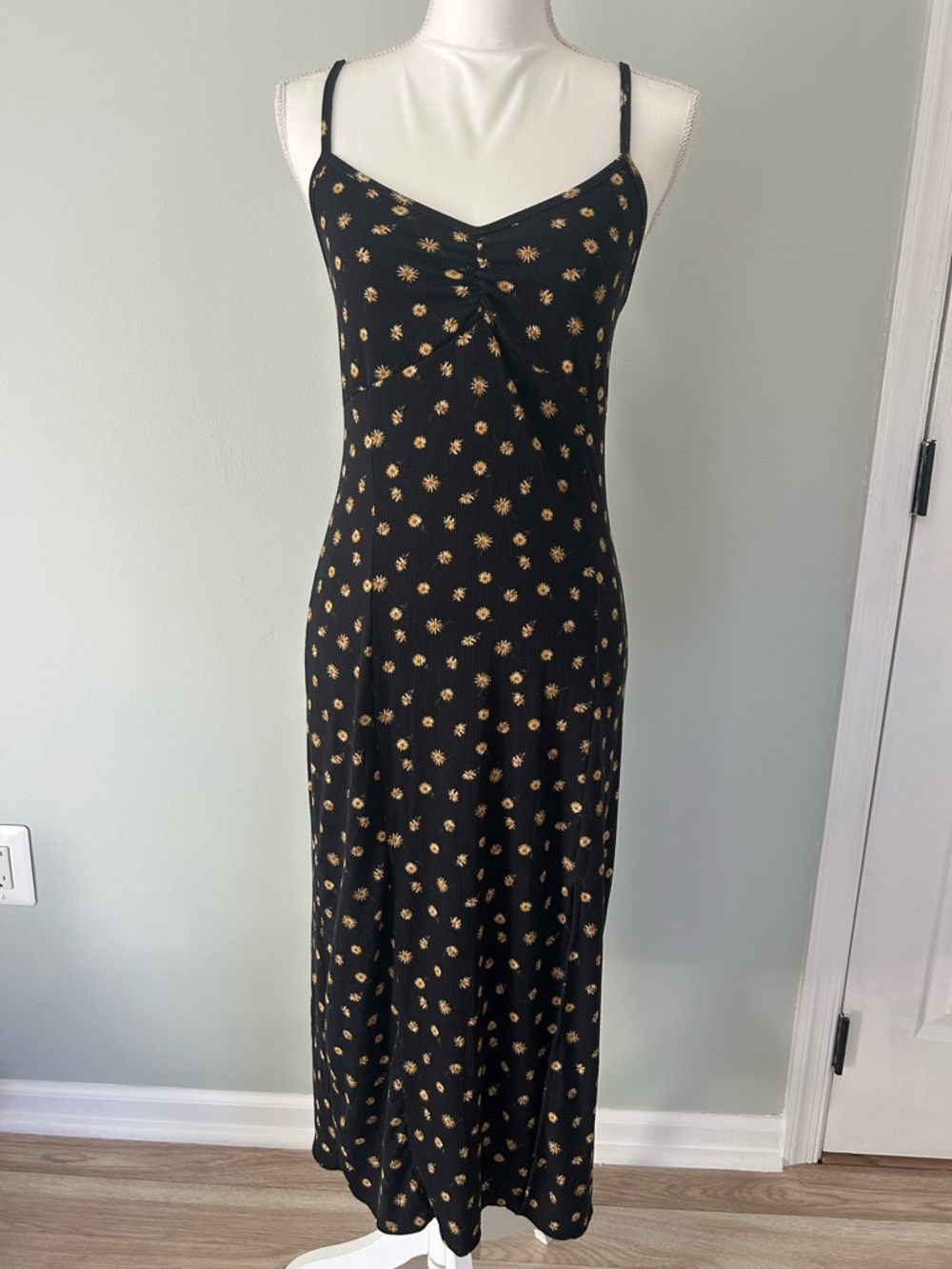 Black Floral Slip Dress with Gold Daisy Print
